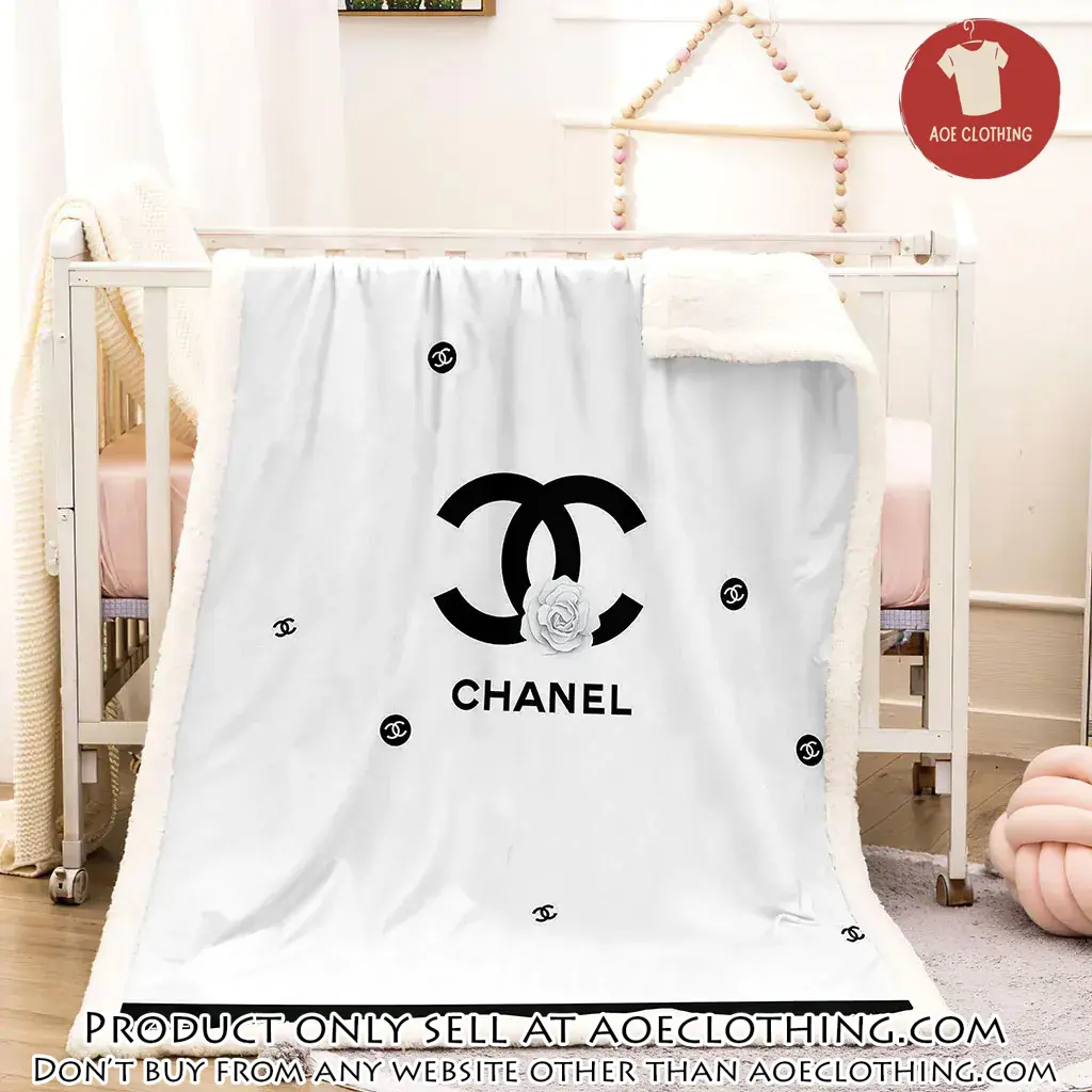 Chanel white roses black logo luxury brand premium blanket fleece home decor aoe0838356